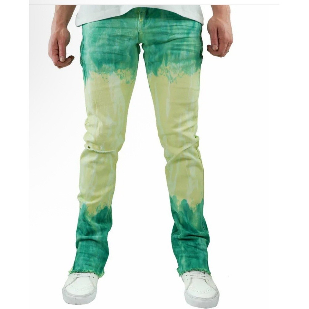 Preme Dip Dye Green‎ On Yellow Stacked Jeans (PR-WB-965) 34 By 35